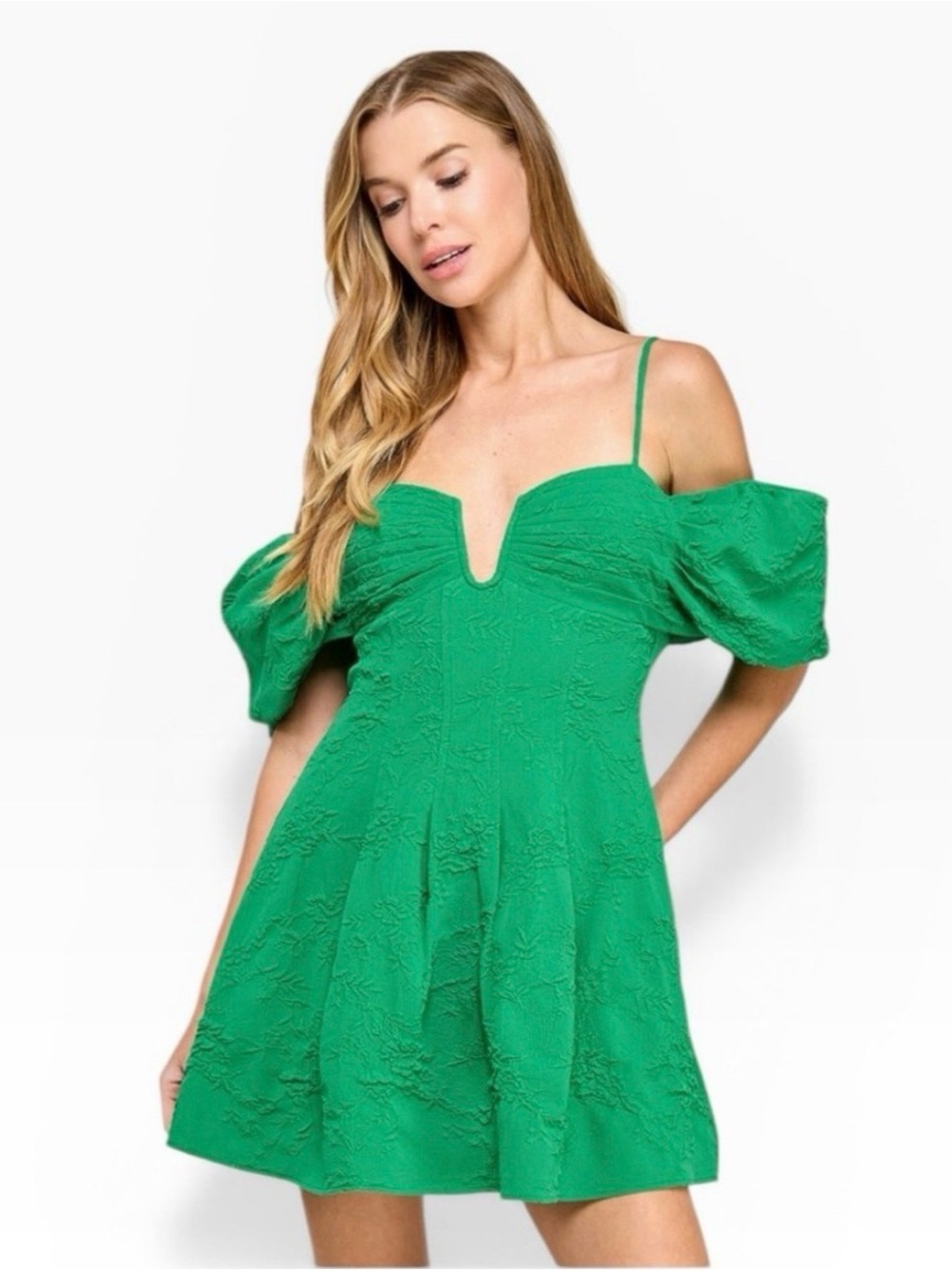 City Studio Green Jacquard Off-The-Shoulder Puff Sleeve Mini Dress Size S New
